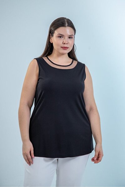 Roxxlen 3330904 Large Size Women's Tulle Detail Tank Top Black