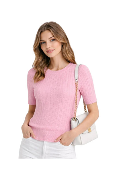 bysoca Women's Powder Pink Hair Knitted Detail Crew Neck Short Sleeve Knitwea...