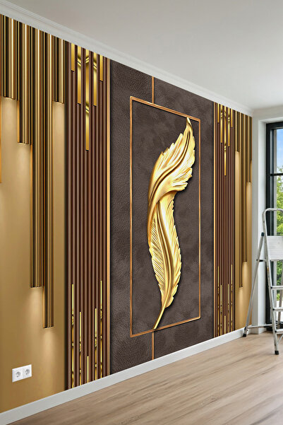 MİRAZAWALL Altın Tüy Figürlü Modern Geometrik Panel Desenli Tek Parça Tekstil...
