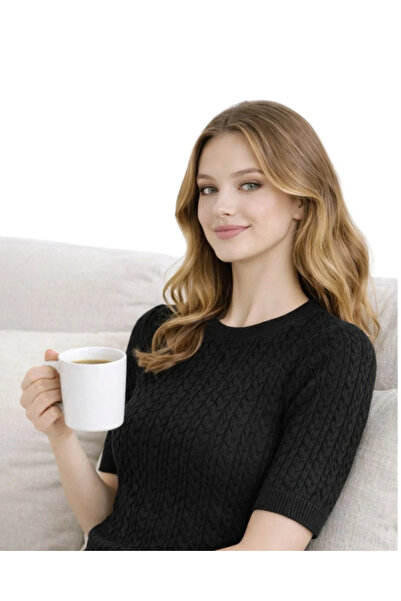 bysoca Women's Black Hair Knitted Detail Crew Neck Short Sleeve Knitwear Body...