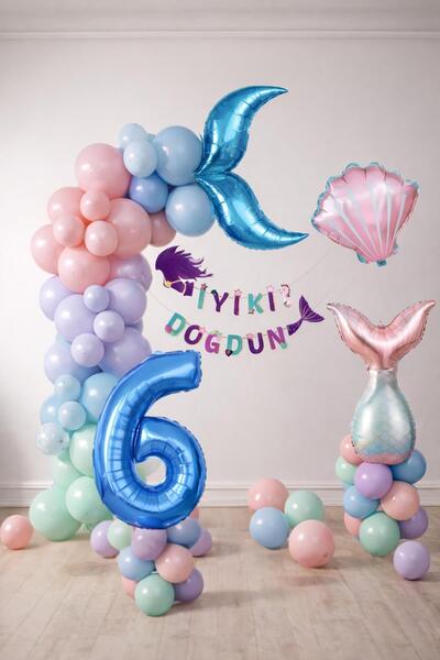 Patladı Gitti Mermaid Themed 6Th Birthday Balloon Decoration Set – Pastel Col...
