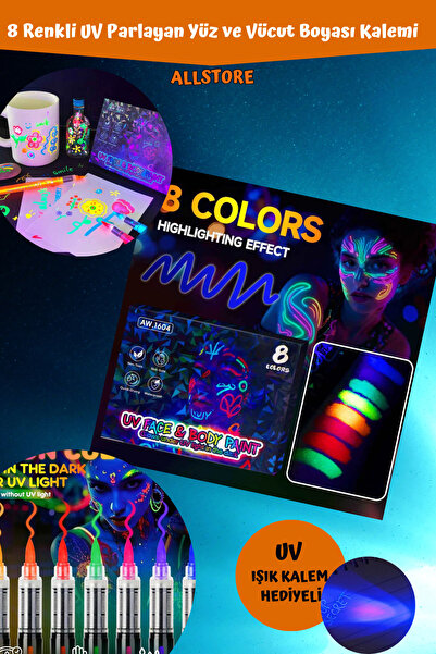 ALLStore UV IŞIKTA PARLAYAN NEON GLOW PARTİ YÜZ ,VÜCUT VE YÜZEY BOYA KALEMİ 8...
