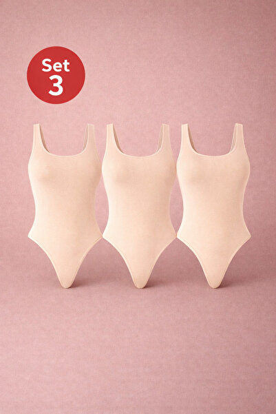 MONOTEE Set of 3 Women's Cotton Bodysuits, Tank Top Body, Thong Model, Wide S...