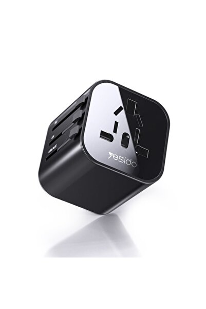 Yesido Universal Power Adapter, Travel, EU, UK, US, AUS, 3.4A, ABS, Black