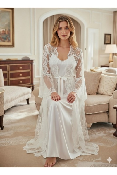 NAHAWAND Lüks İpek Dokulu Dantelli Gelin Sabahlık ve Gecelik Takımı - Elegant...