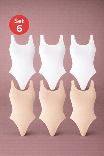 MONOTEE Set of 6 Women's Cotton Bodysuits, Tank Top Style, Thong Style, Wide ...