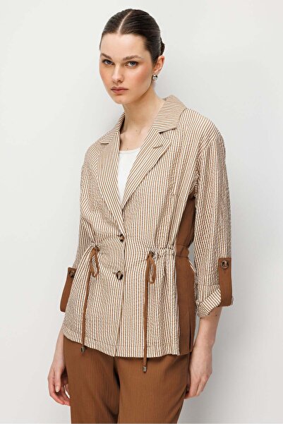 Moda İlgi Modailgi Mono Yaka Manşeti Apoletli Çizgili İkili Takım - 40095 Kahve