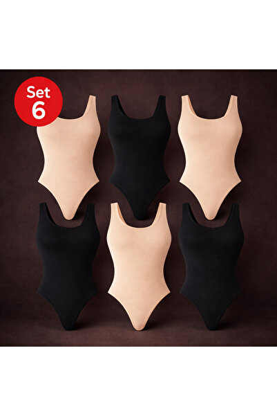 MONOTEE Set of 6 Women's Cotton Bodysuits, Tank Top Style, Thong Style, Wide ...