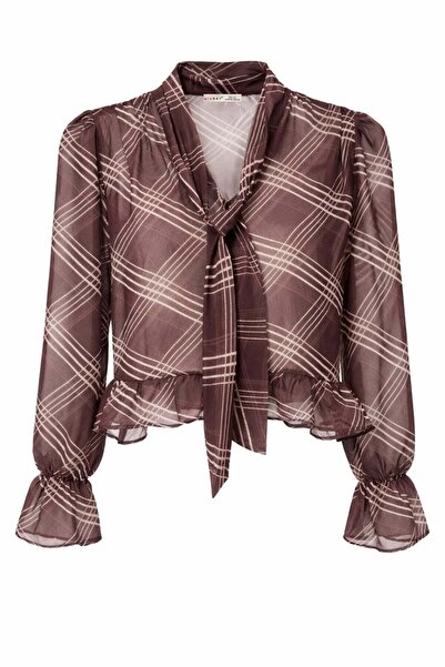 Mixray 4853 Γυναικείο Φουλάρι Με δέσιμο Με σχέδιο Μπλούζα από σιφόν καφέ