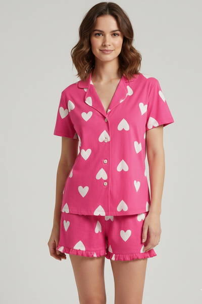 İPEKTENİM Kalp Desenli Düğmeli Paçası Fırfırlı Gömlek Şort Pijama Takımı