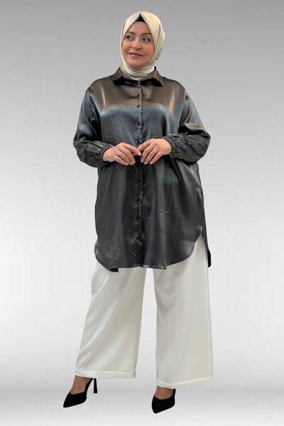 Eslina 58085-1 Büyük Beden Kolları Lastikli Star Gömlek - Siyah