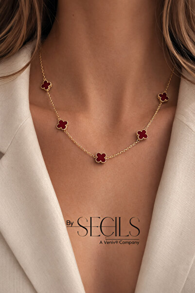 VENİV قلادة فاخرة من الفولاذ المقاوم للصدأ بتفاصيل البرسيم الأحمر