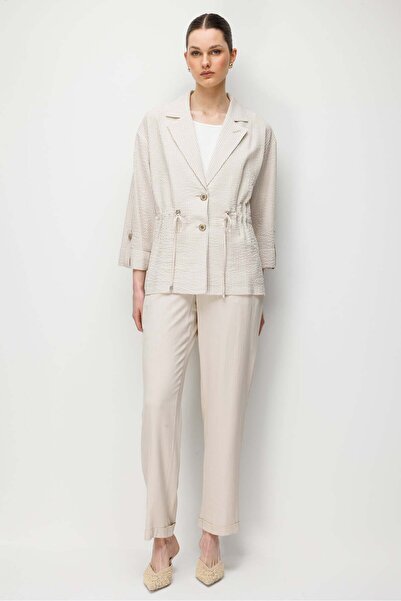 Moda İlgi Modailgi Mono Yaka Manşeti Apoletli Çizgili İkili Takım - 40095 Taş