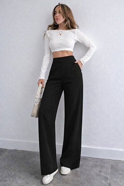 BORCKA TEKSTİL Black Woven Crepe Trend Women's Trousers