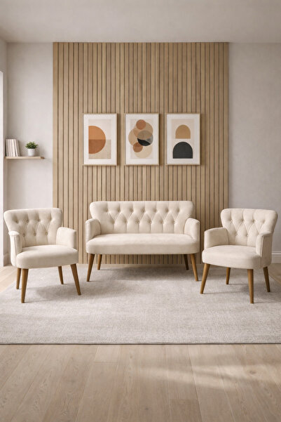 Azra Mobilya Babyface Kumaş Modern Çay Seti Koltuk Takımı 2+1+1 – Ahşap Ceviz...