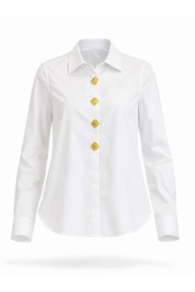 Miss Poem Women's White Gold Button Detailed Shirt