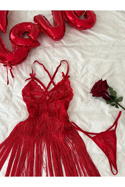 EDLİNGERİE Cămașă de noapte elegantă cu detaliu ciucuri roșii