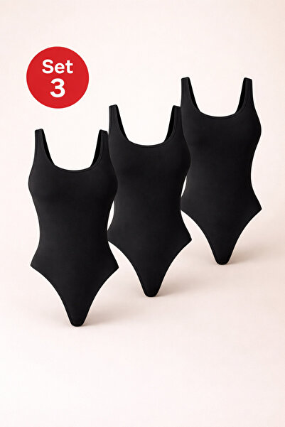 MONOTEE Set of 3 Women's Cotton Bodysuits, Tank Top Body, Thong Model, Wide S...