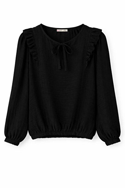 Mixray 4811 Γυναικείο γιακά με κορδόνια Λεπτομέρεια με βολάν Μοντάλ Μπλούζα Μ...