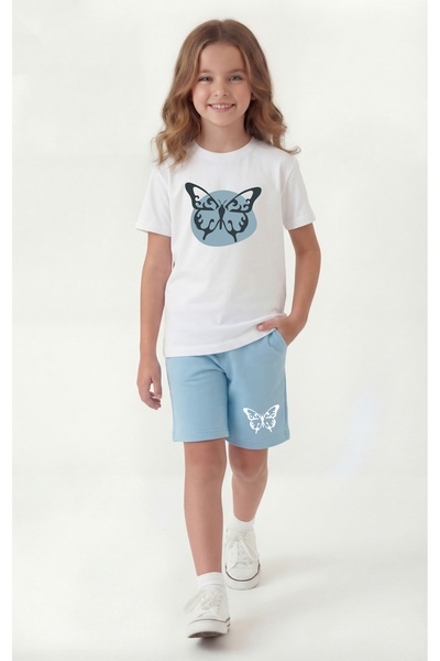 FYK COLLECTİON Summer Print Detailed Capri 2-Piece Girls' Top and Bottom Set