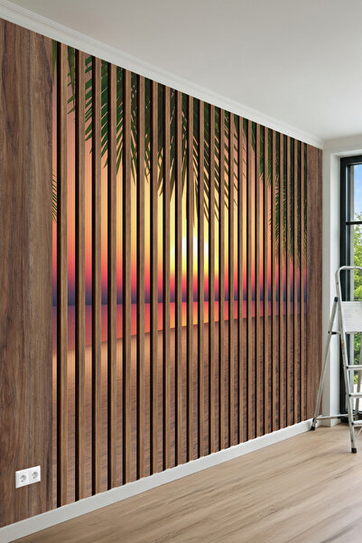 MİRAZAWALL Gün Batımı Manzaralı ve Dikey Ahşap Panel Desenli Tek Parça Teksti...