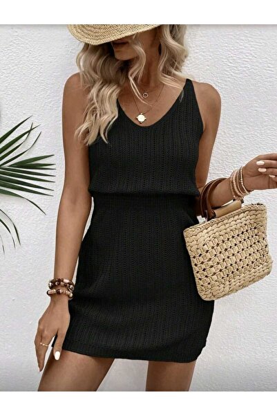 EKİN DEMİR V-Neck Strap Openwork Patterned Mini Beach Dress