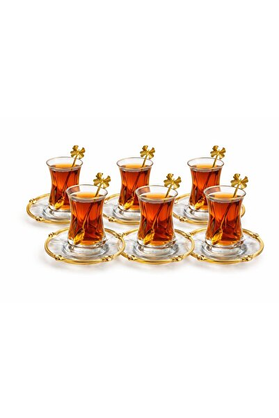 Turkco Luxury 6-Piece Glass Tea Cup Set Rose Series Glass Tea Plate with Cast...