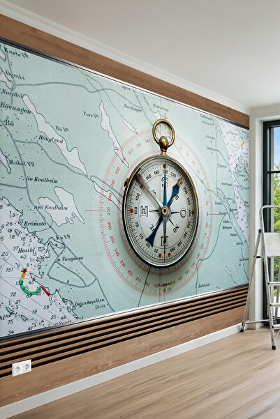 MİRAZAWALL Nostaljik Deniz Haritası ve Pusula Desenli Tek Parça Tekstil Duvar...