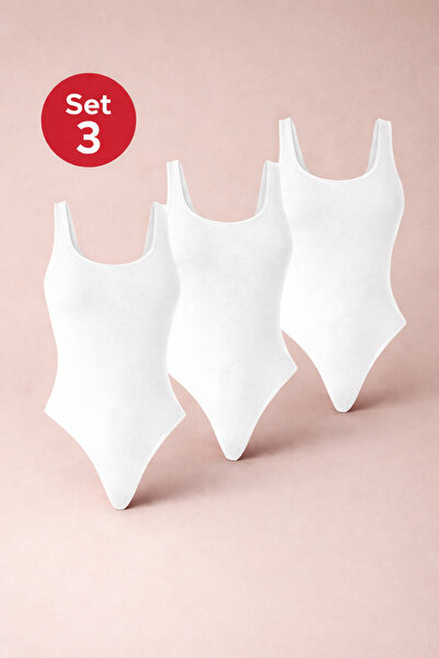 MONOTEE Set of 3 Women's Cotton Bodysuits, Tank Top Body, Thong Model, Wide S...