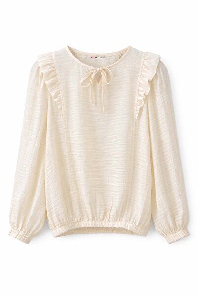 Mixray 4811 Жіноча блузка з модалу з коміром-шнуровкою та рюшами натурального...