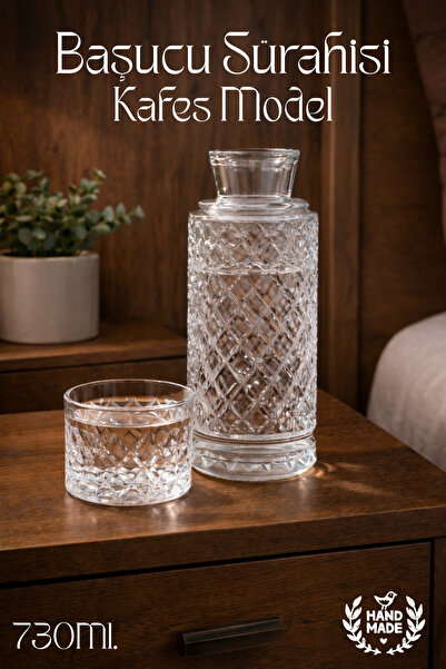 GİNZAMAİSON El Yapımı Cam, Kafes Modelli Başucu Sürahisi - 730Ml. Bardaklı Sü...
