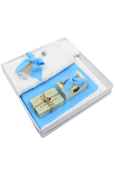 PRICHINDEL Baptism Set Muslin, 8 Pieces, Teo, White with Turquoise