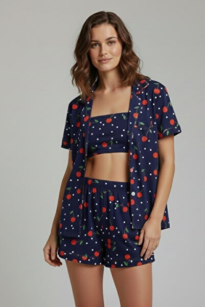İPEKTENİM Kiraz Desenli Lacivert Üçlü Crop/Gömlek/Şort Pijama Takımı