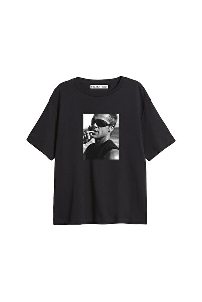 CİNEMA MODA Μπλουζάκι Brad Pitt με τύπωμα σε χαλαρή γραμμή, μαύρο, για γυναίκες