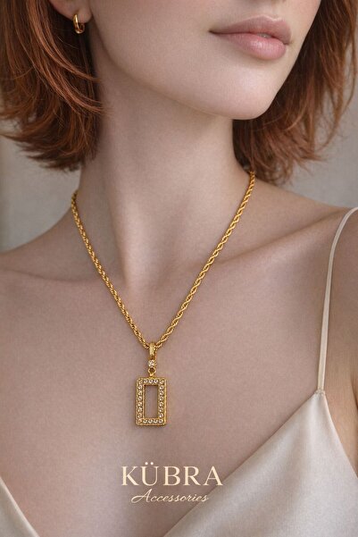 Kübra Accessories GRAM ALTIN İÇİN HALAT ZİNCİRLİ DİKDÖRTGEN, TAŞLI KOLYE KARA...