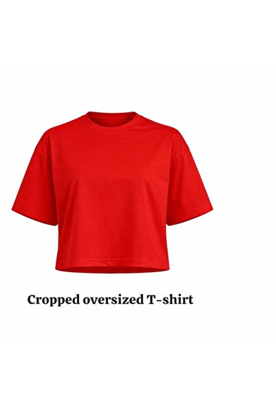 Miss Poem Women's Red Oversized Cropped Cotton T-Shirt