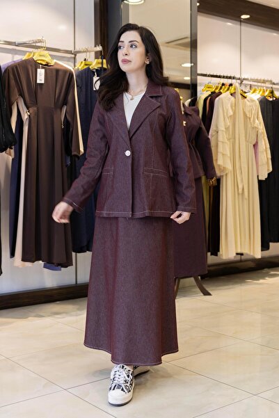 Sevitli Denim Skirt Jacket Double Set-Bordo