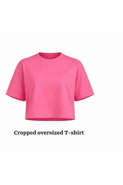 Miss Poem Women's Pink Oversized Cropped Cotton T-Shirt