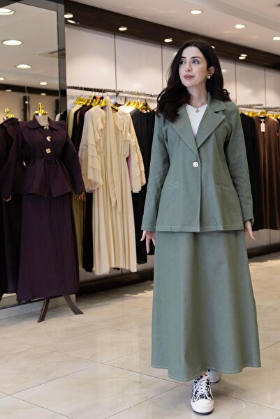 Sevitli Denim Skirt Jacket Double Set-Khaki