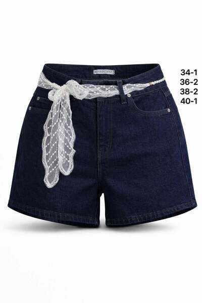 Miss Poem Women's Navy Blue Lace Scarf Belt Detail Jean Shorts