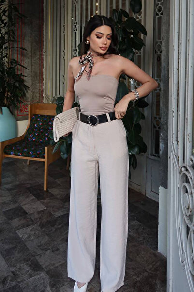 KECHİ WOMAN بنطلون من قماش التينسل حزام قطع - بيج