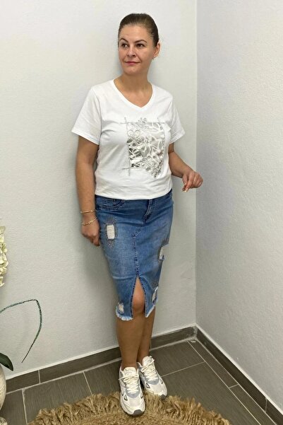 Mia Butik Women's Blue Slit Detailed Denim Skirt