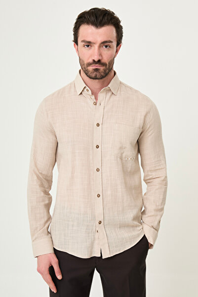 Mcr Plain Slim Fit Pocketed Long Sleeve Men's Shirt Beige - 27146.26Y