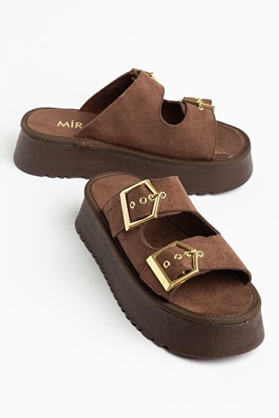 Hayalimdeki Ayakkabı Women's Brown Suede High PU Sole Double Buckled Slipper