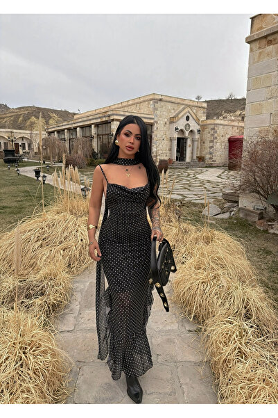 kırmızı butiks Μαύρο φόρεμα με πουά και φουλάρι