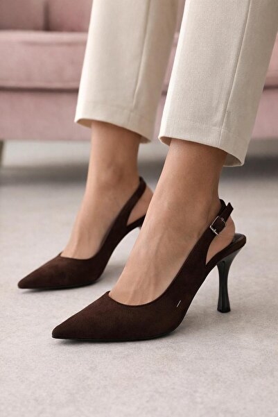 Saltopik Brown Suede Pointed Buckled Stiletto Heel U Shoes
