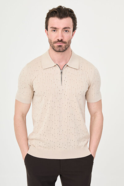 Mcr Delik Με σχέδιο εφαρμοστό Ανδρικό πλεκτό μπλουζάκι με φερμουάρ και λαιμόκ...