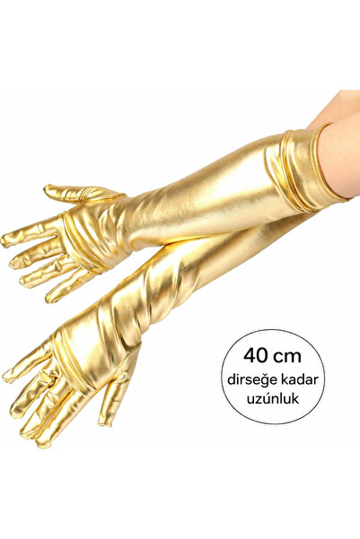 evimdeyokyok Gold Color under Elbow Luxury Satin Gloves 40 cm
