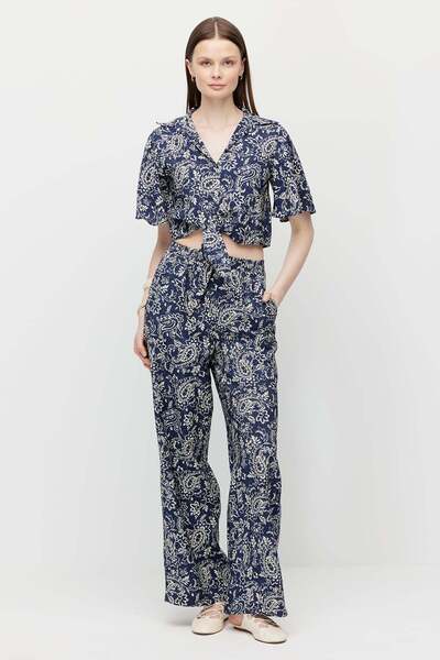 PAULMARK Women's Çicek Patterned Elastic Waist Pants