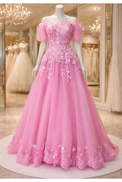 Lavin's Romantik Pembe Çiçek İşlemeli Tül Nişanlık Abiye